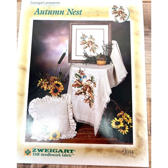 Autumn Nest Cross Stitch Pattern Featuring Bluebird & Oak Leaves - Picture 1 of 4